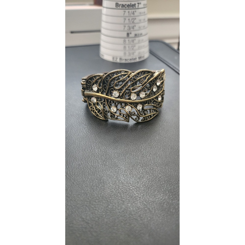 Antique Gold Tone Filigree Leaf Rhinestone Hinged Cuff Bracelet